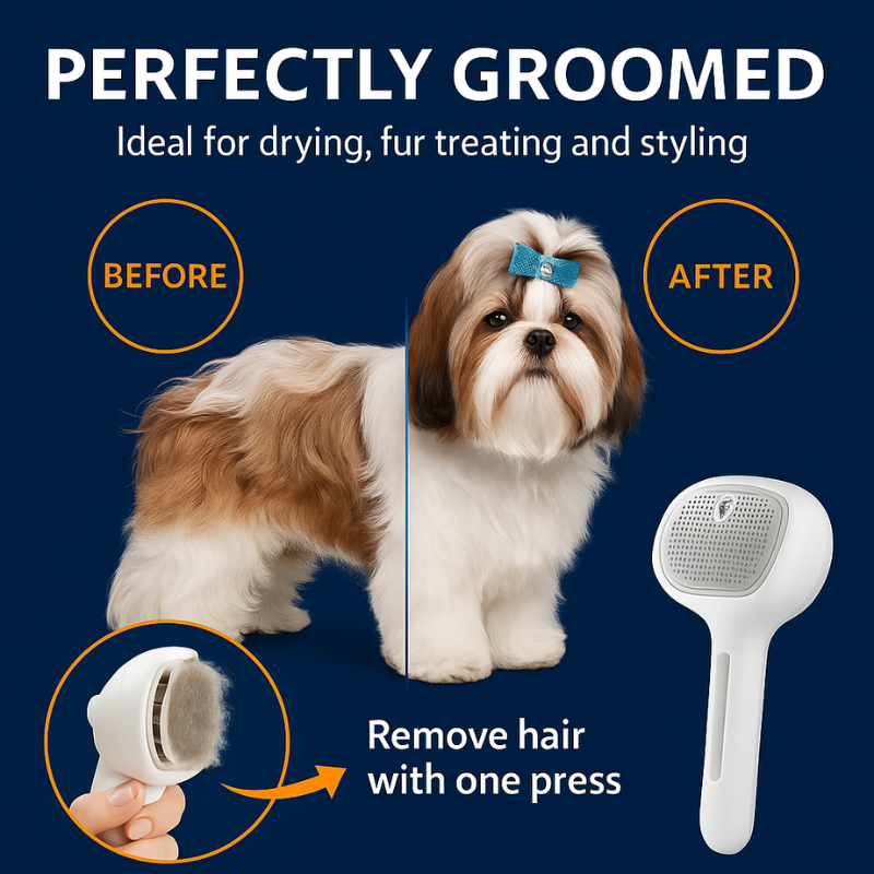 Dog grooming tool with 'Before' and 'After' comparison on a blue background