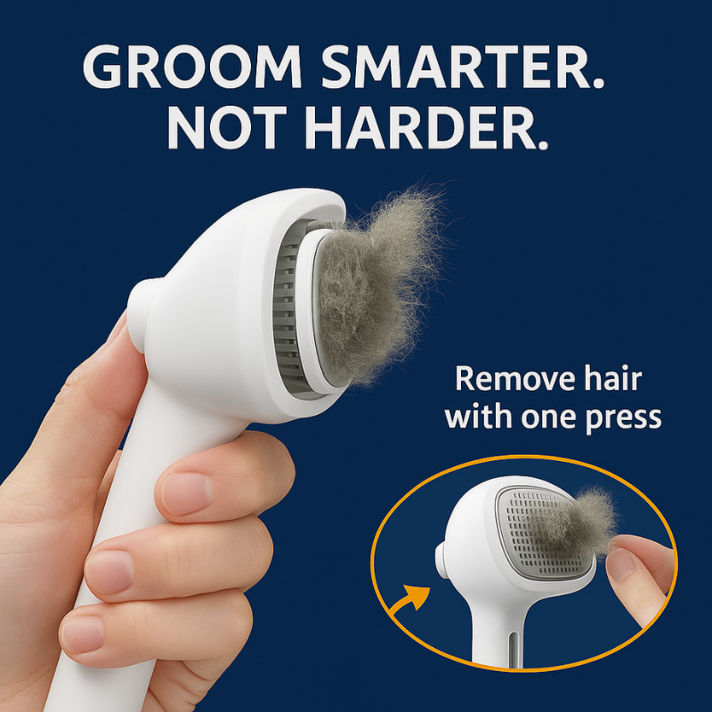 Handheld grooming tool with hair removal feature against a blue background
